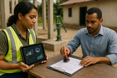 Close up of a field monitor hand holding a rugged tablet showing live data graphs next to an auditor hand stamping a paper report on a clipboard with a dusty project site in background