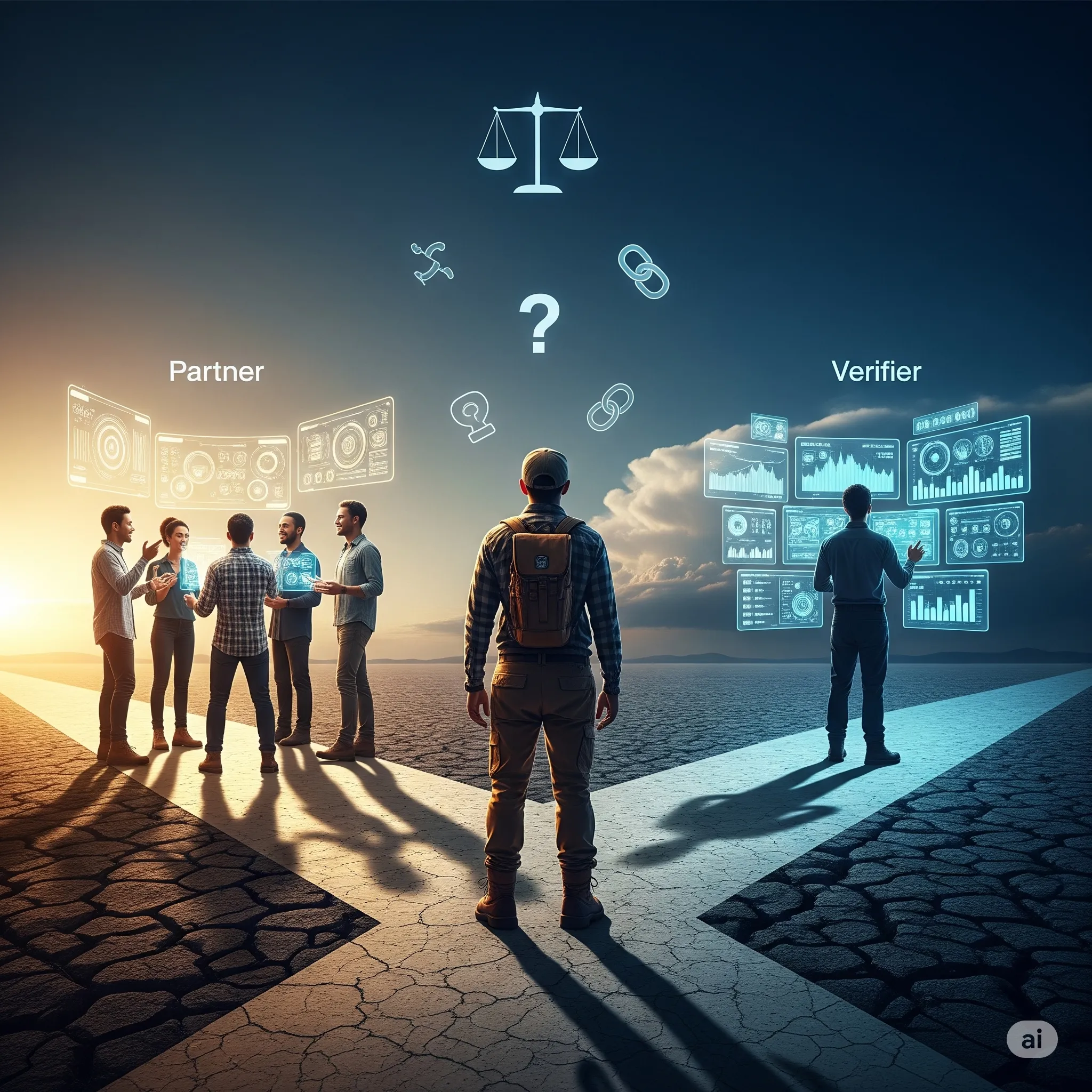 A person standing at a crossroads, with one path labeled "Partner" and the other "Verifier", with ethical symbols.
