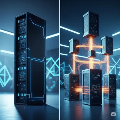 A split image showing a single, large, complex server rack on one side and multiple smaller, interconnected servers on the other.