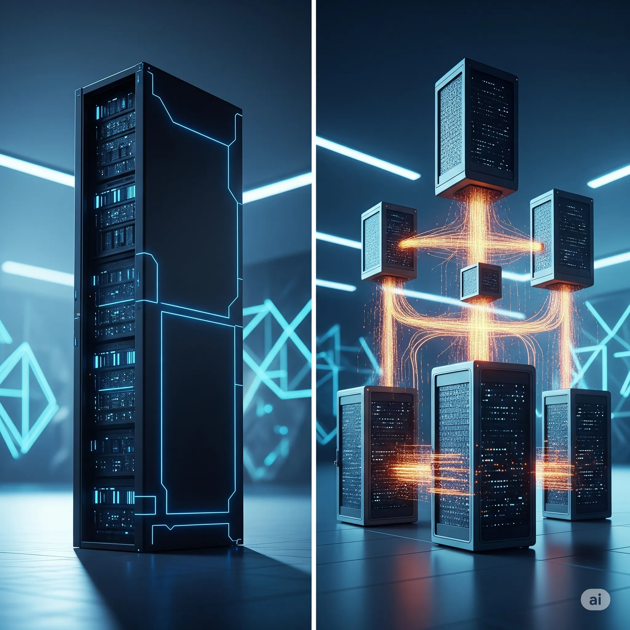 A split image showing a single, large, complex server rack on one side and multiple smaller, interconnected servers on the other.