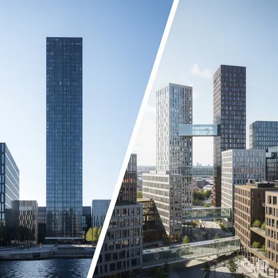 A split image showing a single large building contrasted with multiple smaller, interconnected buildings.