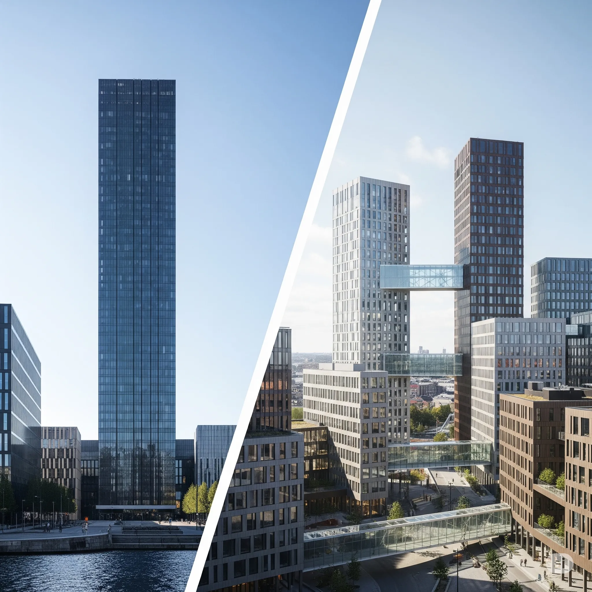 A split image showing a single large building contrasted with multiple smaller, interconnected buildings.