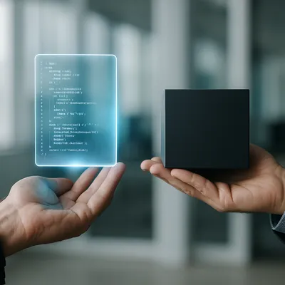 Two hands, one holding open-source code, the other a proprietary software box, symbolizing choice.