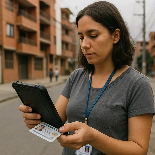 Field enumerator scanning an id card with a tablet on a paved street in Medellin Colombia with apartment buildings and distant pedestrians in background
