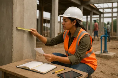 Close up of a field monitor hand holding a measuring tape against a concrete pillar at a rural site