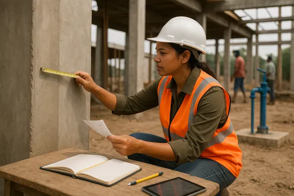 Close up of a field monitor hand holding a measuring tape against a concrete pillar at a rural site