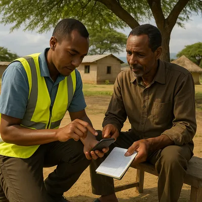 Close up of a local data coordinator hand tapping a mobile phone screen next to a project manager hand holding a notebook under an acacia tree in southern Ethiopia