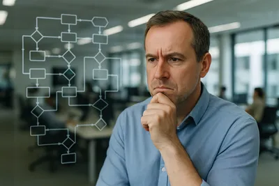 A person looking perplexed at a complex digital workflow on a screen.