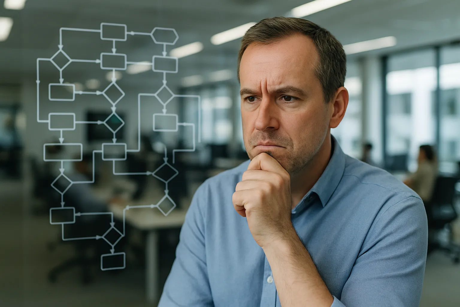 A person looking perplexed at a complex digital workflow on a screen.