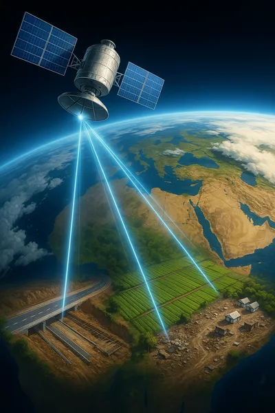Satellite orbiting Earth with data streams