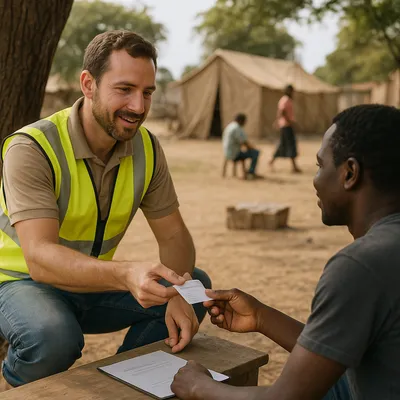 Close up of a female field officer hand offering a printed safeguarding card to a local woman sitting outside a tent