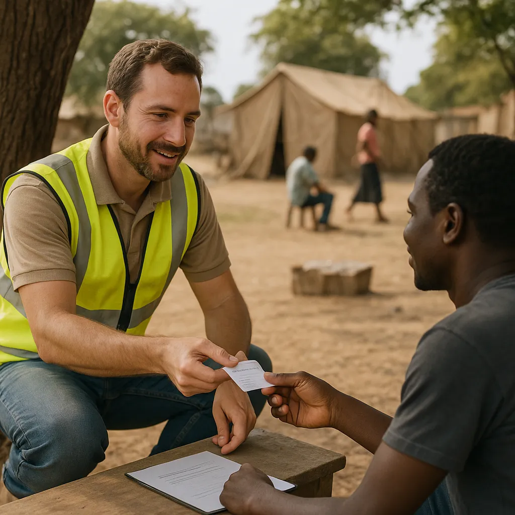 Close up of a female field officer hand offering a printed safeguarding card to a local woman sitting outside a tent