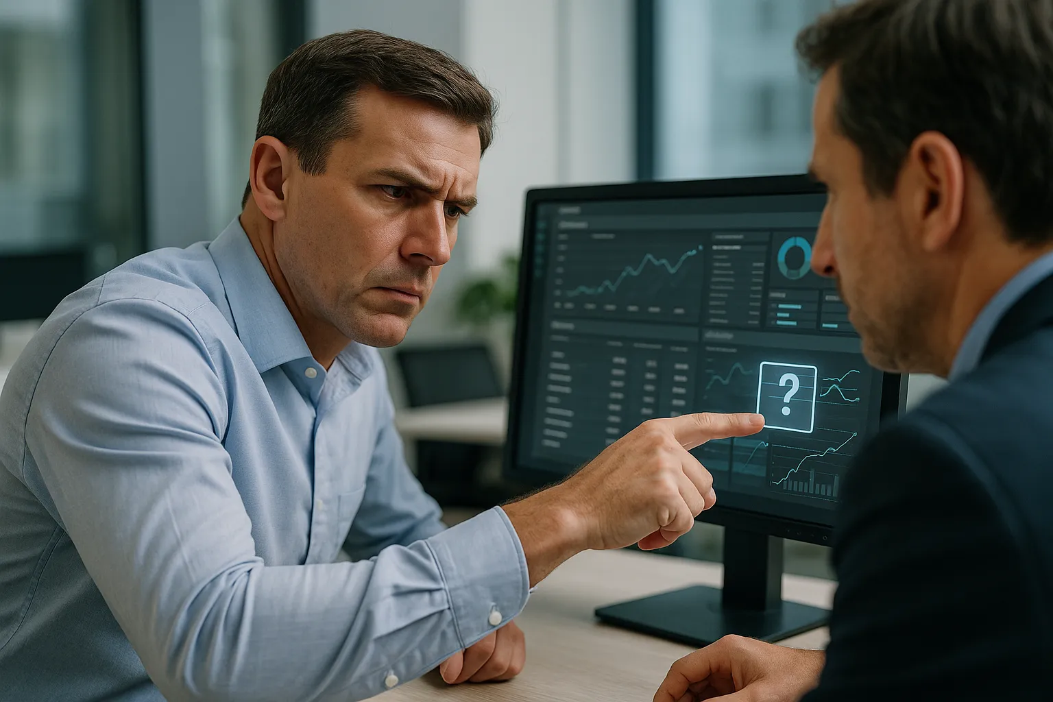 A person pointing at a digital dashboard, asking for evidence, rather than taking a verbal explanation.