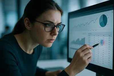A person looking closely at a computer screen displaying seemingly normal financial data with a subtle anomaly.
