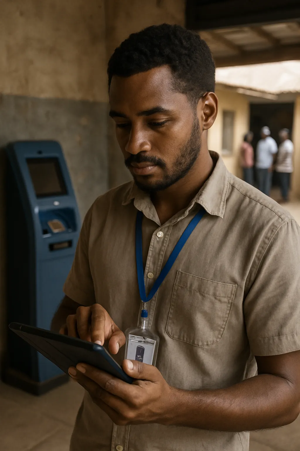 Monitoring officer scanning a beneficiary list on a tablet inside a Ghana community center with payment kiosk and distant queue in background