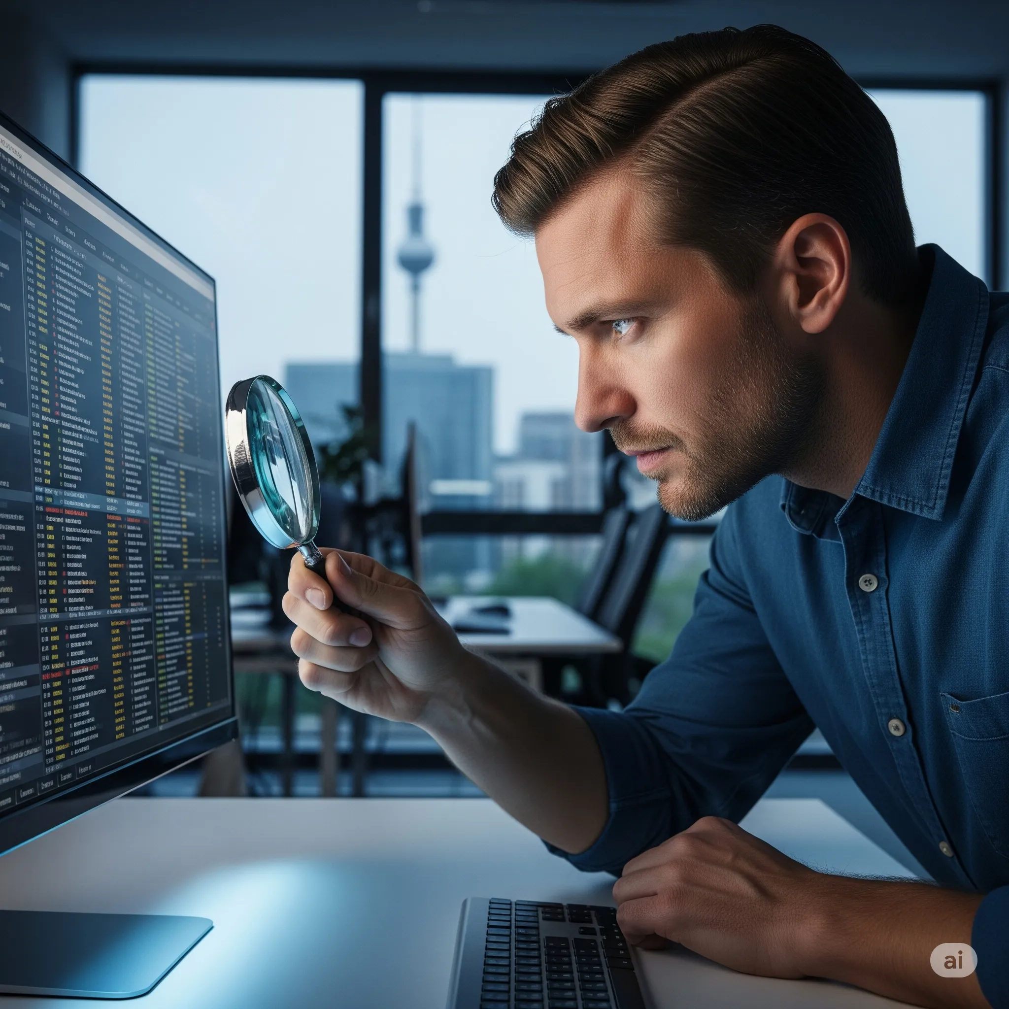 A person looking intently at a digital screen displaying complex error logs, with a magnifying glass.