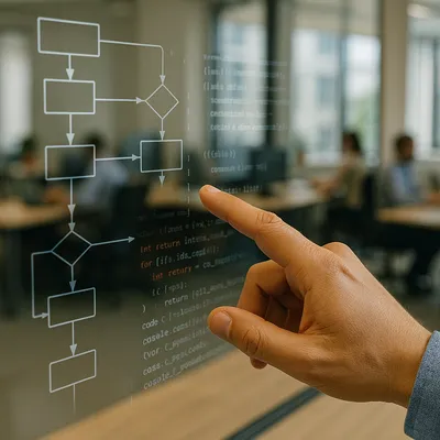 A hand pointing to a flowchart blending with lines of code on a screen.