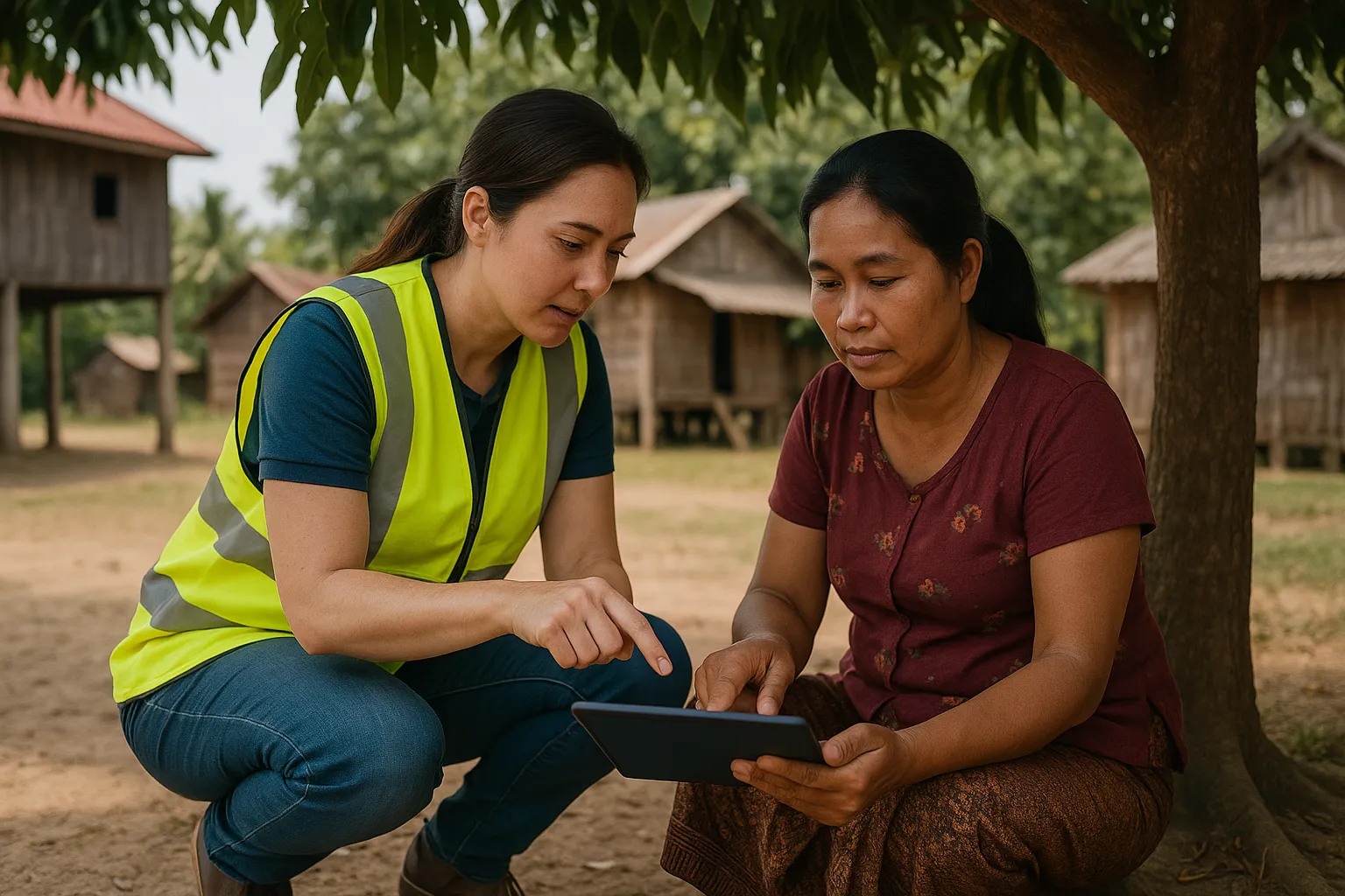 Close up of a female TPM mentor hand guiding a local partner hand to enter survey data on a tablet under a mango tree in rural Cambodia