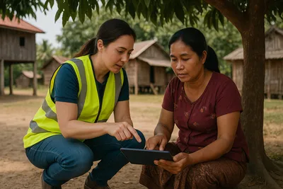 Close up of a female TPM mentor hand guiding a local partner hand to enter survey data on a tablet under a mango tree in rural Cambodia