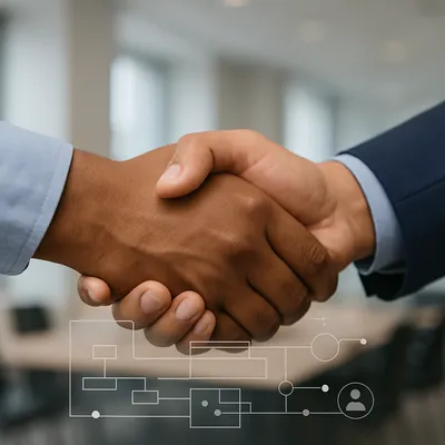 Two hands shaking above a blueprint