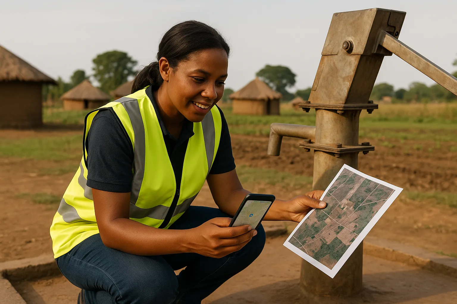 Close up of a local female monitoring officer hand holding a smartphone displaying GPS coordinates next to a printed satellite image of a water pump in northern Uganda