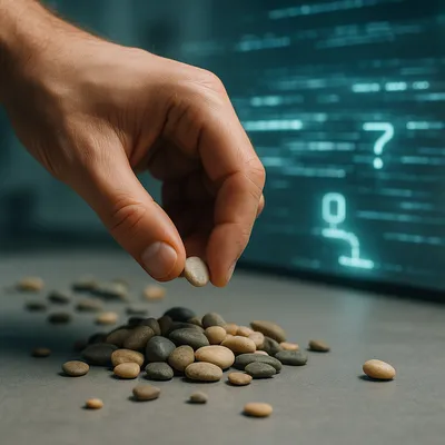 A hand picking a few items from a large pile, with digital data flowing in the background.
