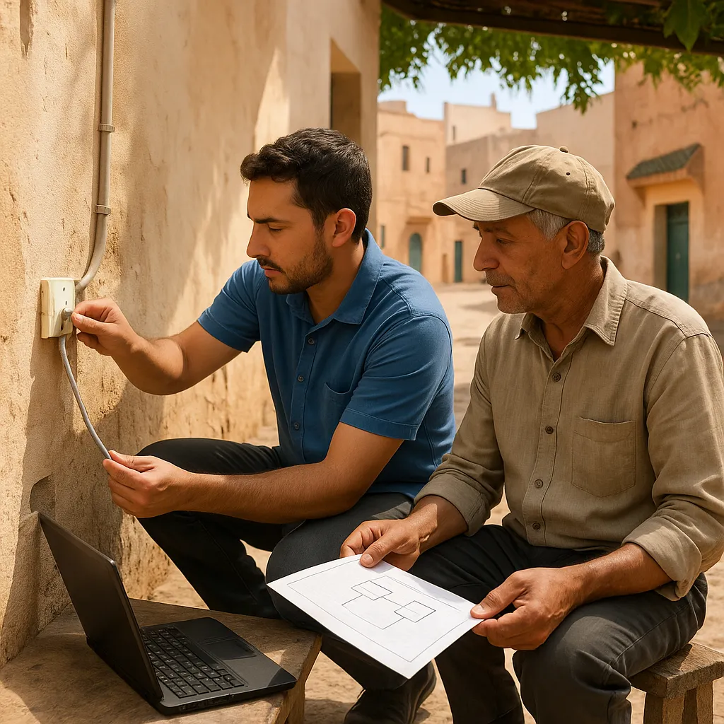 Close up of a local it officer hand connecting an ethernet cable at a wall junction next to a field monitor holding a network diagram in a dusty courtyard in a small Moroccan town