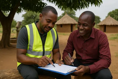 Close up of a local monitoring officer hand holding a clipboard with handwritten notes and sharing it with a community project coordinator under a mango tree in northern Uganda