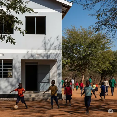 A newly constructed but empty building, symbolizing a white elephant, against a vibrant community background.